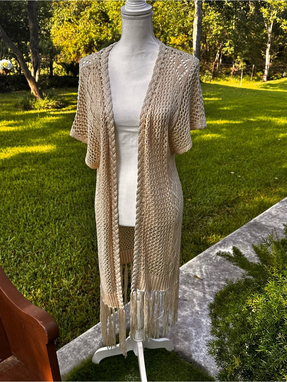 Alya Open-Knit Fringe Longline Cardigan in Light Beige